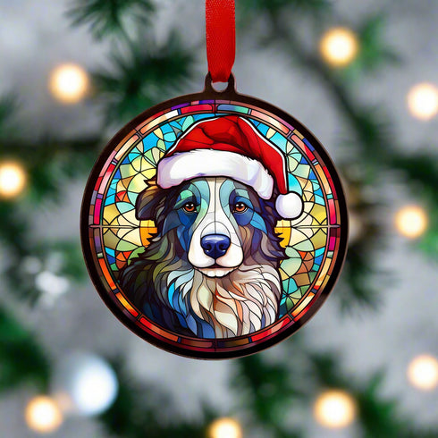 Border Collie in Santa Hat Suncatcher Decoration